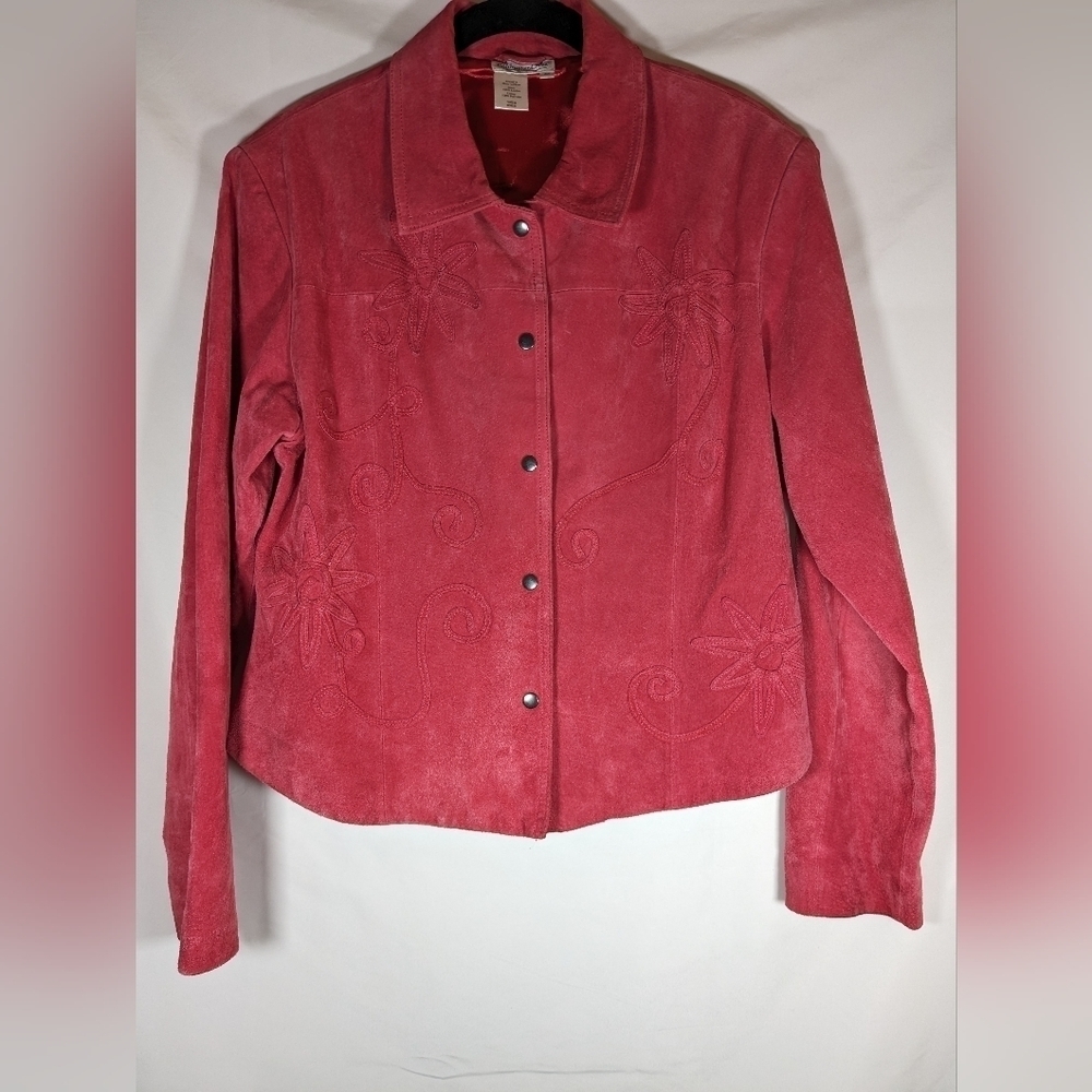Coldwater Creek Red Suede Leather Button Up Jacket With Suede Florals Size M